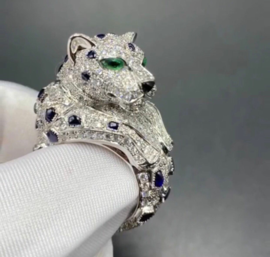 Inspired Panthere de Cartier Ring Platinum with Sapphiers, Emeralds and Diamonds