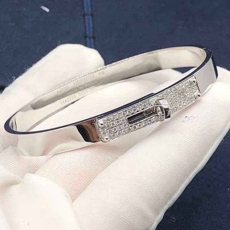 Custom Made Hermes Kelly 18K White Gold Diamond Pave Bracelet