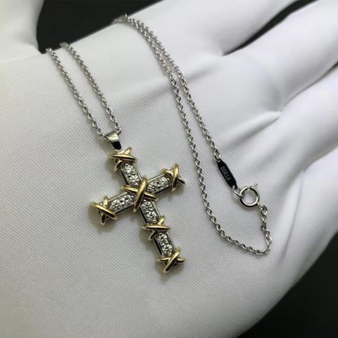 18K Yellow Gold & Platinum Tiffany & Co. Jean Schlumberger Ten Diamond Cross Pendant