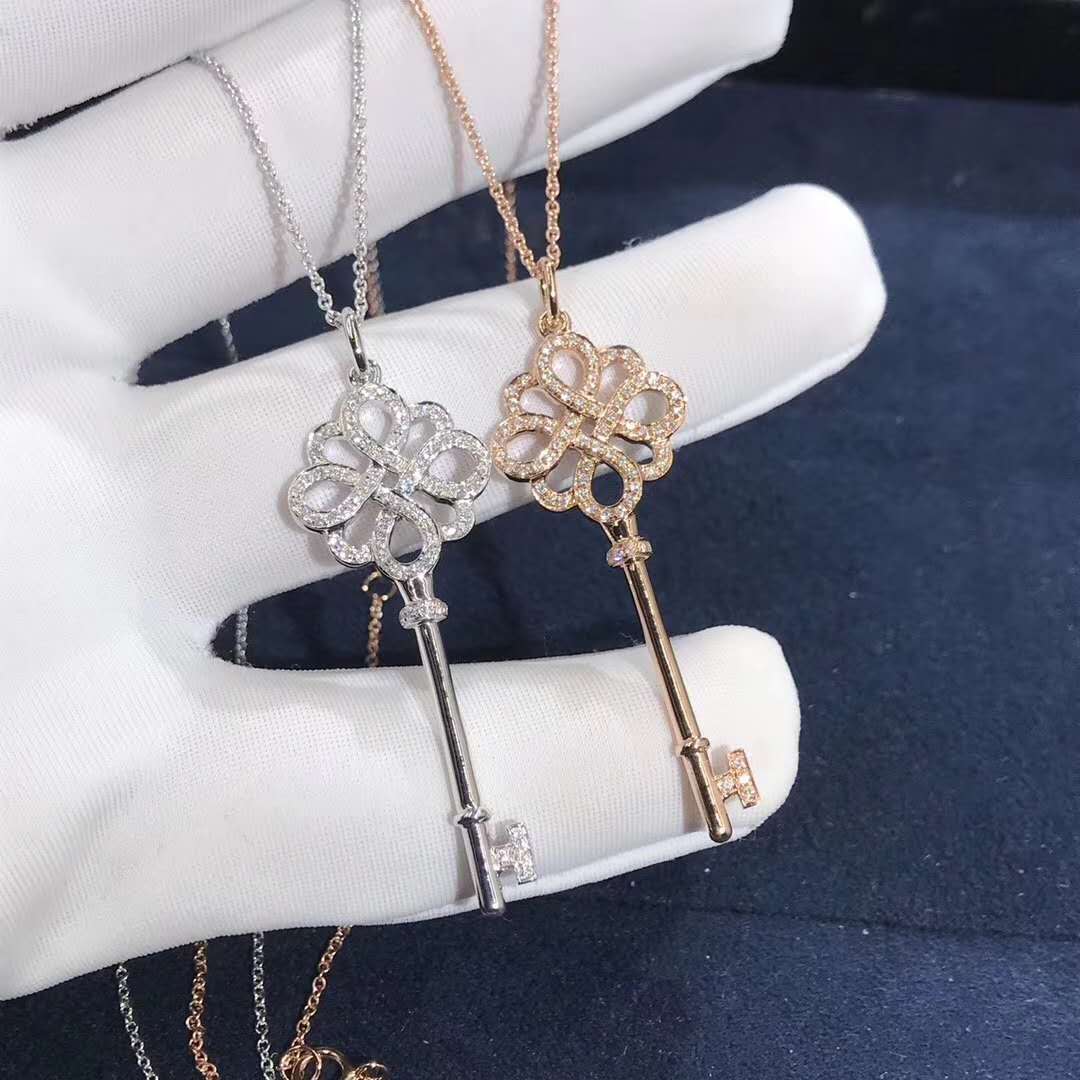 18k Gold Tiffany Keys Knot Key Pendant Necklace with Diamonds