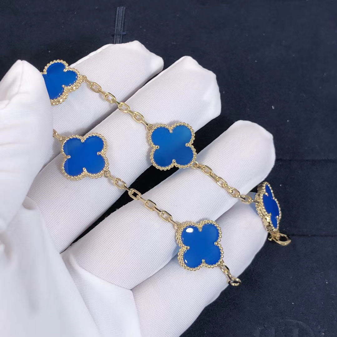 Van Cleef & Arpels Vintage Alhambra bracelet blue agate 5 motifs 18k yellow gold VCARP34900