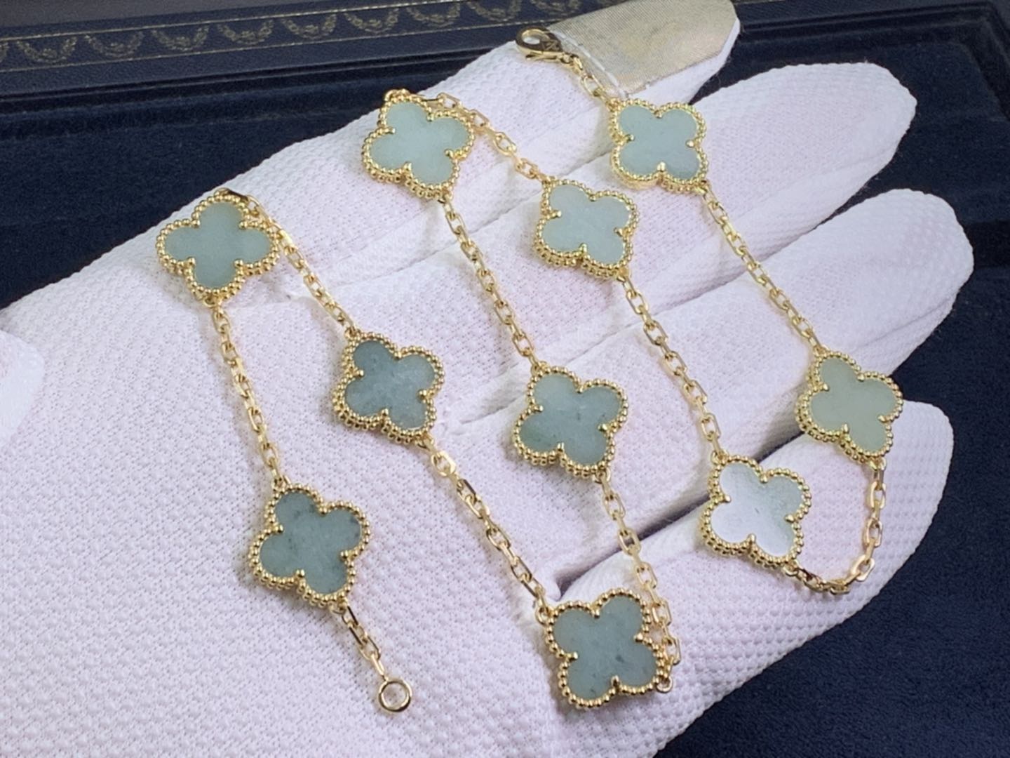 18K Yellow Gold Van Cleef & Arpels Vintage Alhambra Jade 10 Motifs Necklace