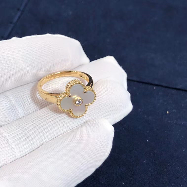 18k Gold Van Cleef & Arpels Vintage Alhambra Mother of Pearl and Diamond ring