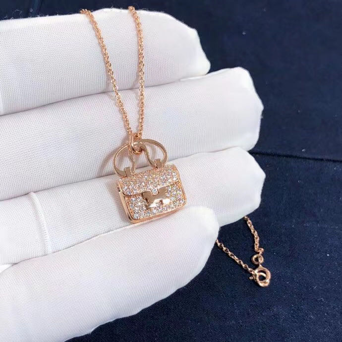 Hermes Constance Amulette Bag Pendant Necklace in 18kt Rose Gold Pave Diamonds