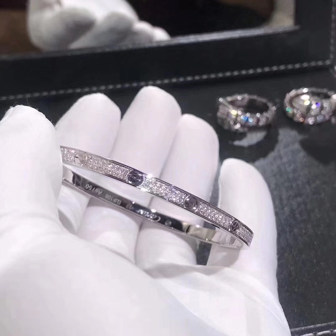 Solid 18K white gold Cartier Love bracelet paved diamonds SM