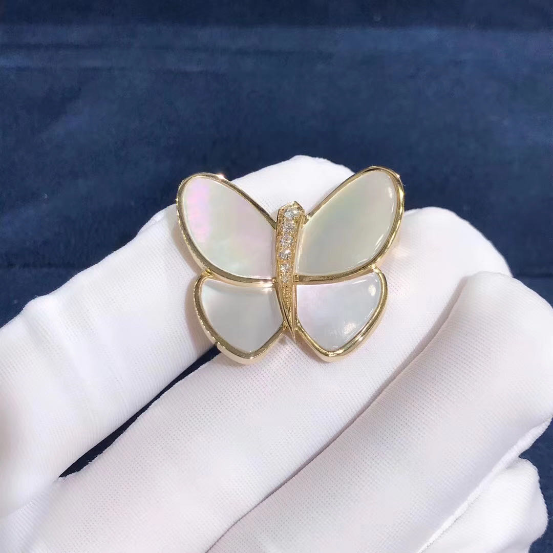 18k Gold Van Cleef & Arpels Mother-of-Pearl & Diamond Butterfly Clip Brooch VCARA64100