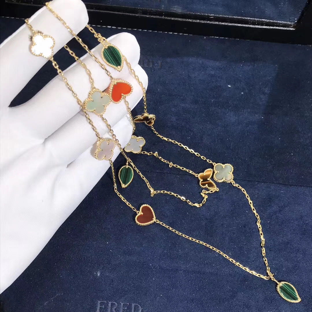Van Cleef & Arpels Lucky Alhambra long necklace, 12 motifs Yellow gold, Mother-of-pearl, Malachite, Tiger Eye, Carnelian