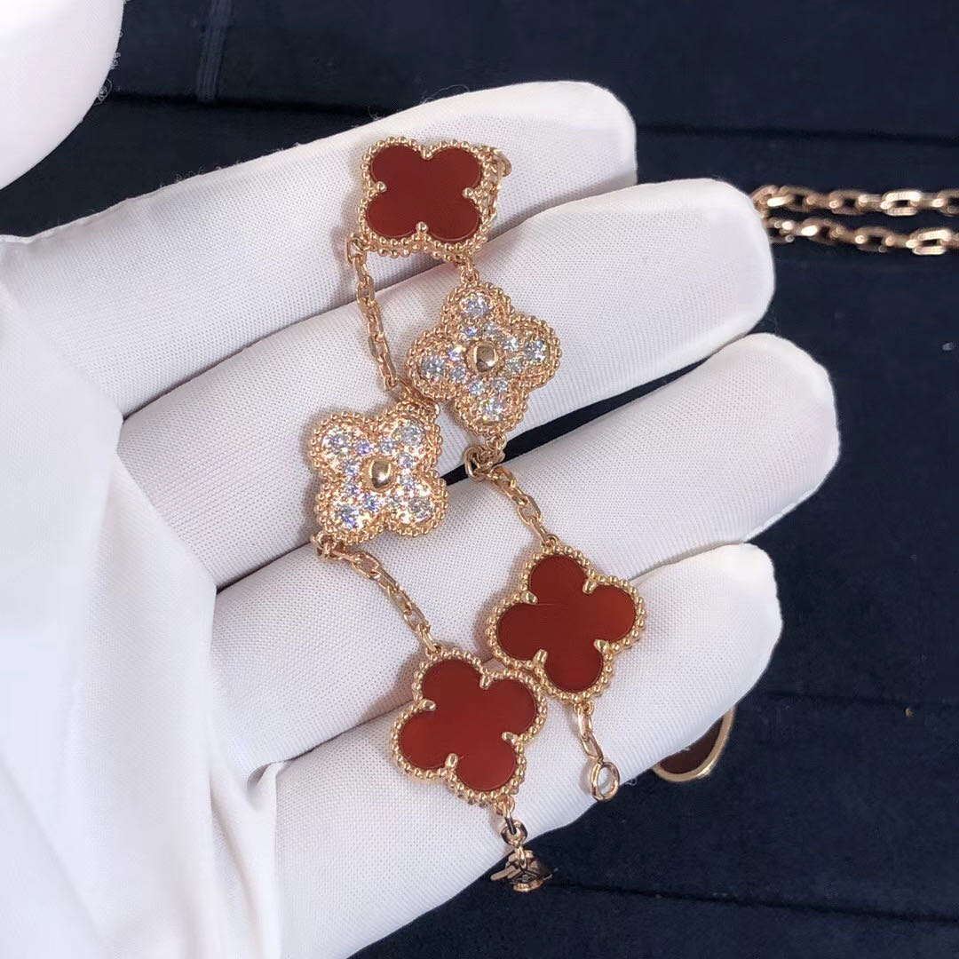 Custom 18K Pink Gold Diamond Van Cleef Vintage Alhambra Bracelet 5 Motifs