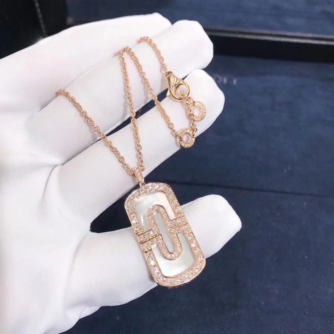 Bvlgari Parentesi Necklace 18K Rose Gold Paved Diamond Mother of Pearl Pendant 350814 CL857106