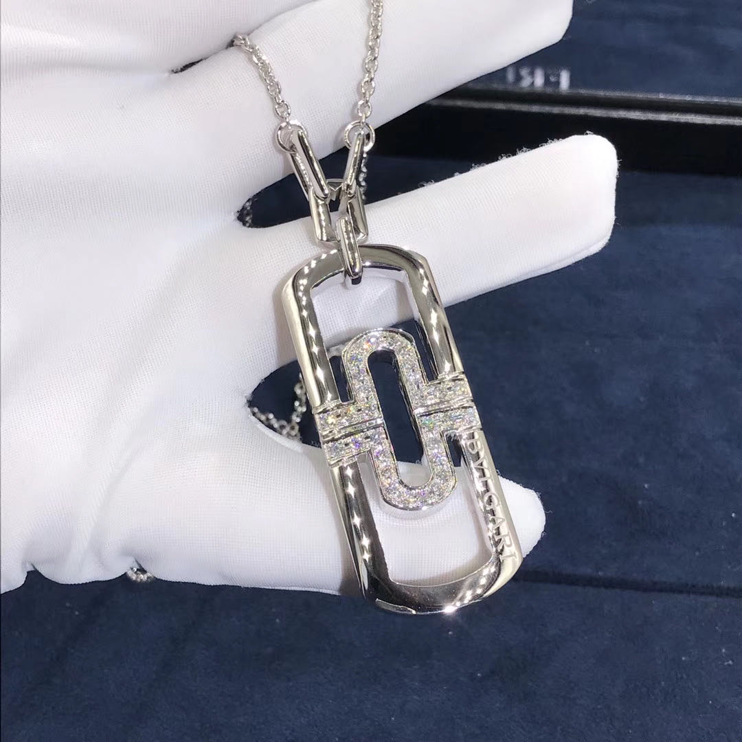 Custom Made Bvlgari Parentesi Necklace 18K White Gold Half Diamond L Size Pendant