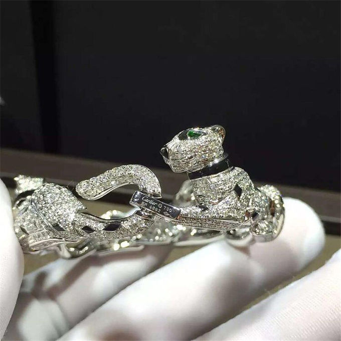 Genuine 18k White Gold 9.25ct Diamond Emeralds Onyx Panthere de Cartier Bracelet