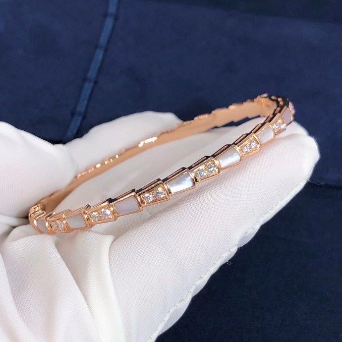 Custom Bvlgari Serpenti Viper 18K Rose Gold Bracelet Set With Mother-of-pearl Elements And Pavé Diamonds BR858356