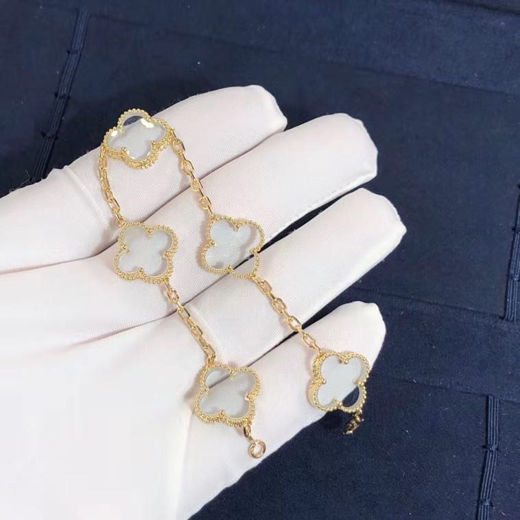 Van Cleef & Arpels 18K Yellow Gold Vintage Alhambra Rock Crystal 5 Motifs Bracelet