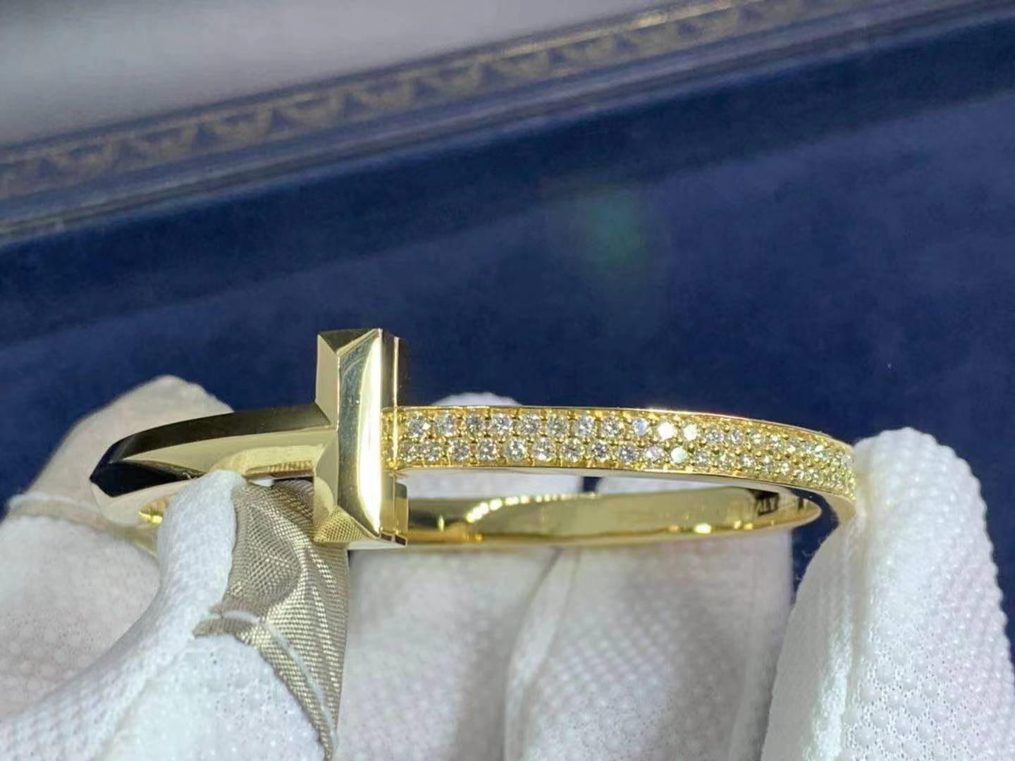 Tiffany 18k Yellow Gold T1 Wide Diamond Hinged Bangle Bracelet