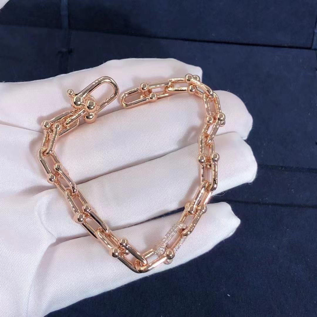 Custom Made Tiffany HardWear 18K Rose Gold Diamonds Link Bracelet Size Medium