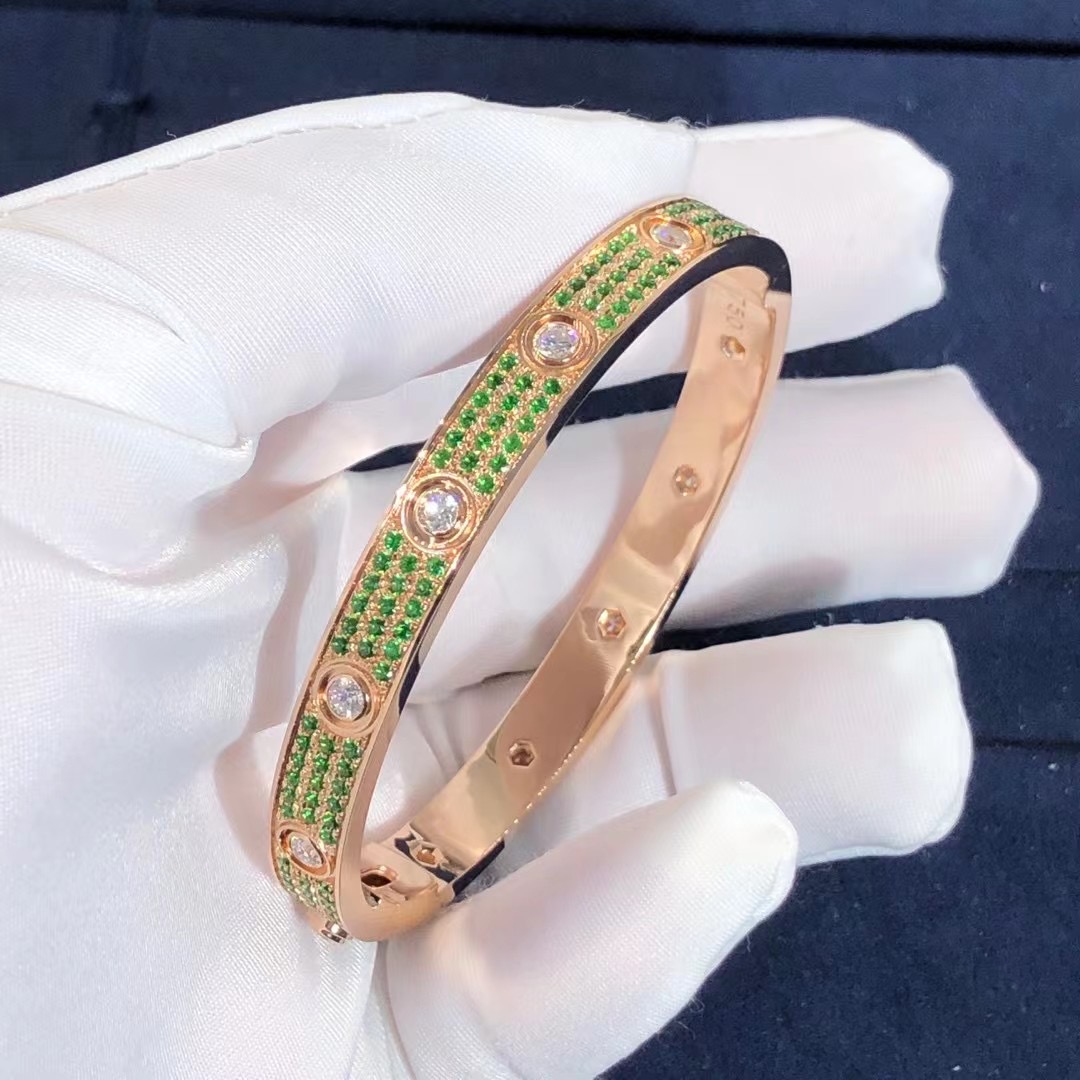 Customised Cartier 18k Rose Gold Emeralds Paved and Diamond Love Bracelet