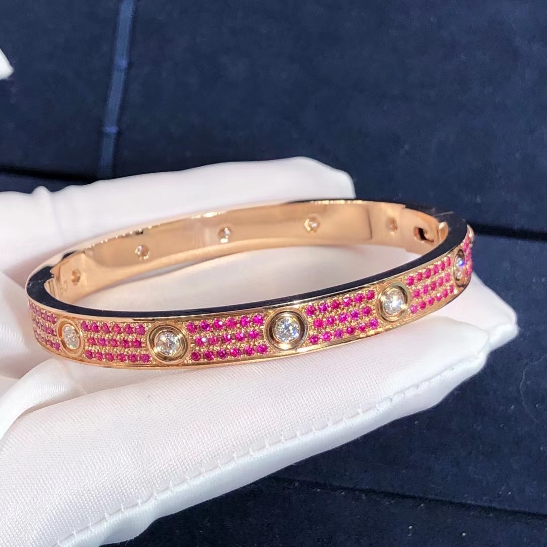 Customised Cartier Love 18K Pink Gold with Pink Diamond and White Diamond Paved Bracelet