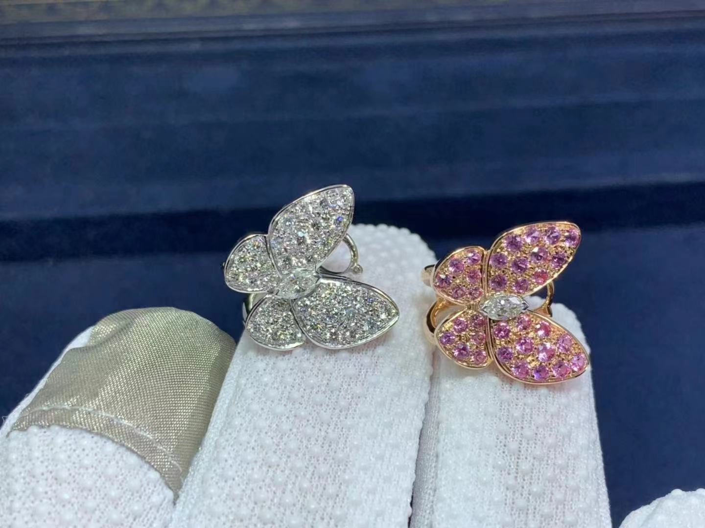 Van Cleef & Arpels 18K White Gold & Rose Gold Diamond Pink Sapphire Two Butterfly Earrings VCARO3M600