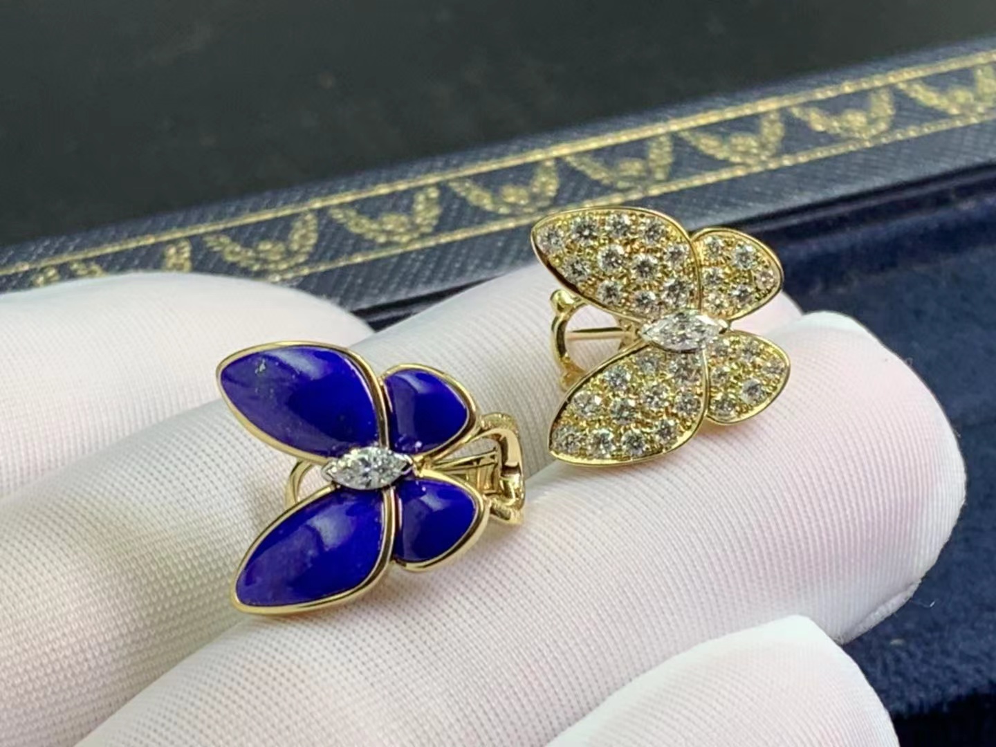 Van Cleef & Arpels Two Butterfly 18k Yellow Gold Lapis Lazuli Diamond Earrings VCARP3DO00