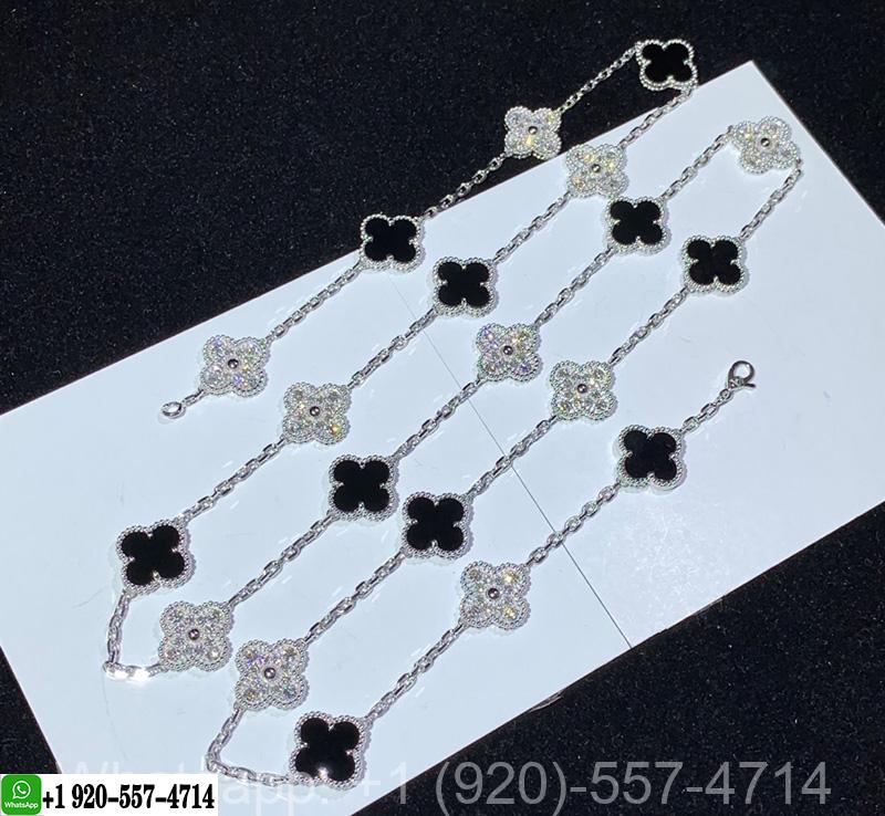 Van Cleef & Arpels White Gold & Diamonds 20 Motifs Onyx Vintage Alhambra Long Necklace VCARP2R800