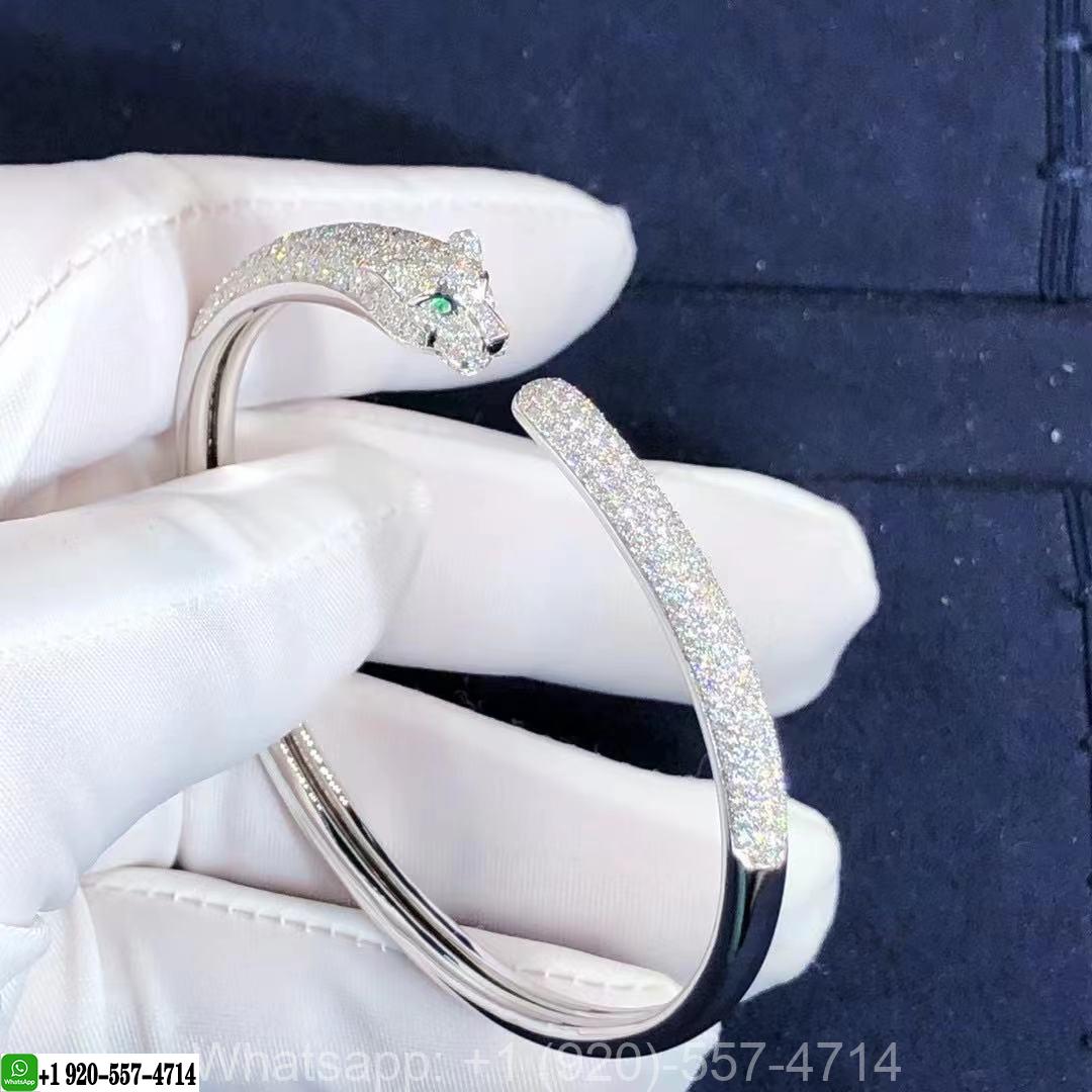 Custom Small Model Panthère de Cartier 18K White Gold Onyx, Emeralds Diamond Bracelet