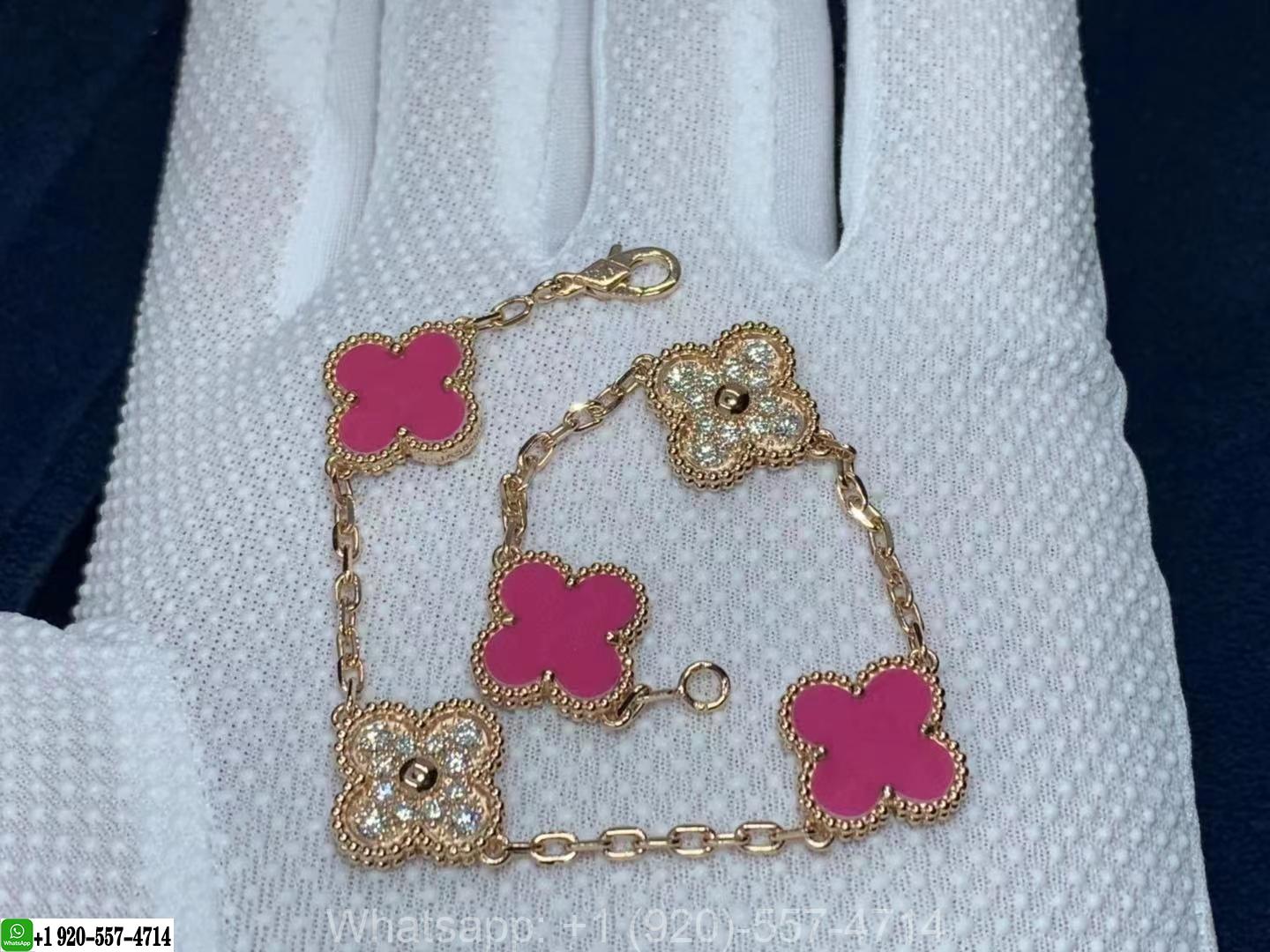 Van Cleef & Arpels 18K Pink Opal Diamond 5 Motifs Vintage Alhambra Bracelet