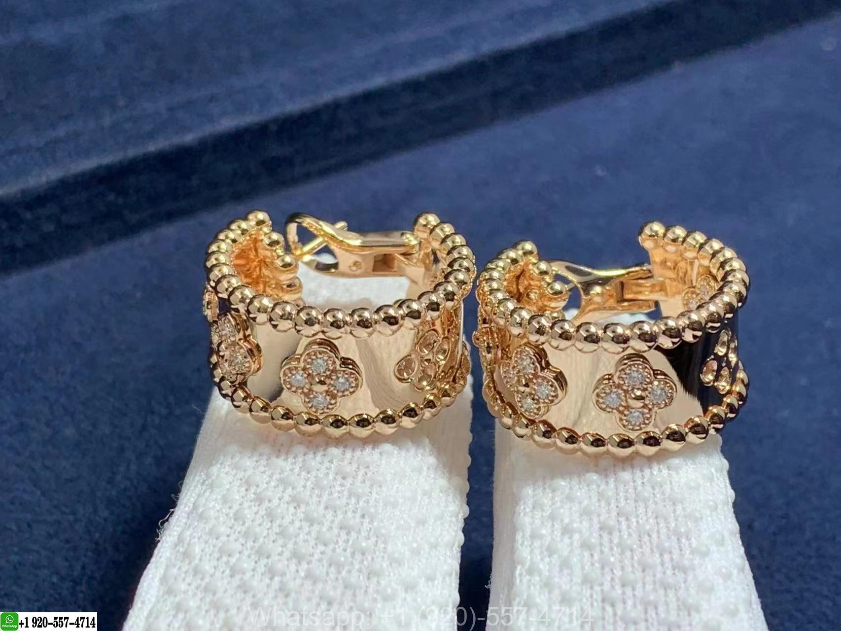 Van Cleef & Arpels 18K Rose Gold Perlée Clovers Diamonds Hoop Earrings VCARO2MK00