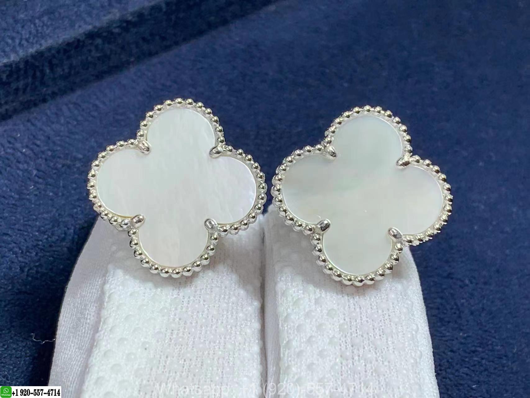 Custom Van Cleef & Arpels Magic Alhambra White Mother of Pearl 18k White Gold Earrings
