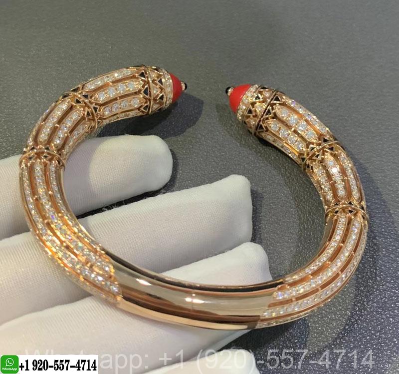 Cartier Art-Déco Inspired Bracelet 18K Rose Gold with 540 Diamonds, Coral, Onyx, Black Lacquer H6025717