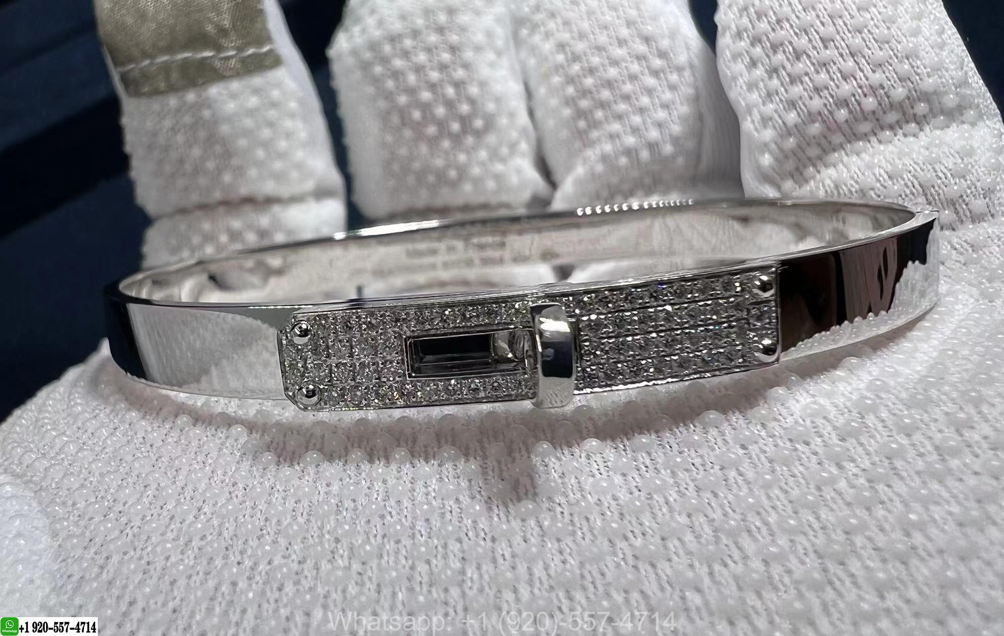 Hermes Kelly Diamond 18k White Gold Small Model Bangle Bracelet H214462B 00ST