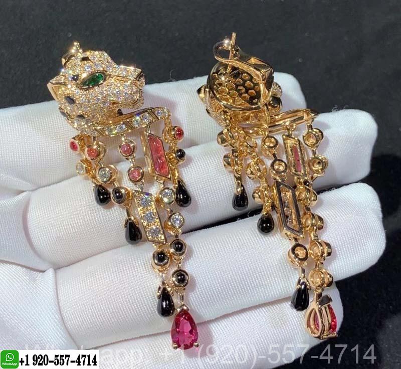 Cartier 18k Rose Gold Diamond & Emeralds, Onyx, Rubellite, PanthÈre De Cartier Earrings H8000485
