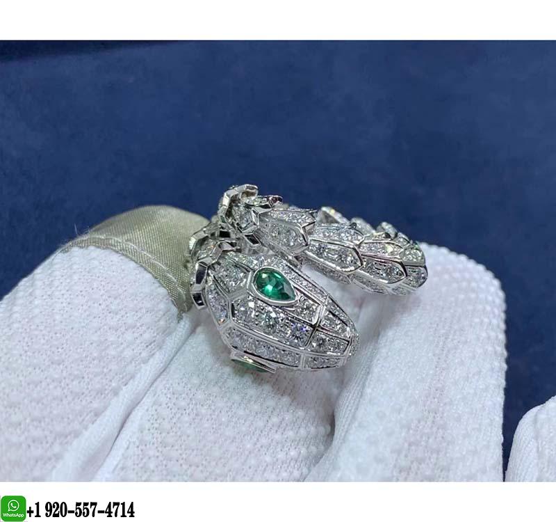 Inpsired Bvlgari Serpenti 18k White Gold Ring Set with Pavé Diamonds and Two Emerald Eyes 354697