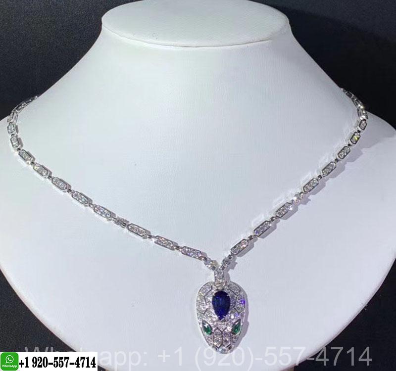 Bvlgari Serpenti 18K White Gold Diamonds and Emeralds Eyes Sapphires Snake Pendant Necklace 355354