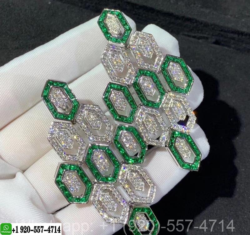 Custom Bvlgari Serpenti Earrings 18k White Gold 3.66 Ct Full Diamond Pave and Emerald
