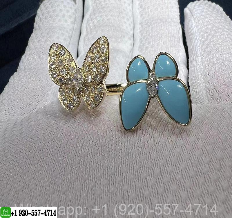 Van Cleef 18K Gold Diamond & Turquoise Two Butterfly Between the Finger Ring VCARP7UZ00