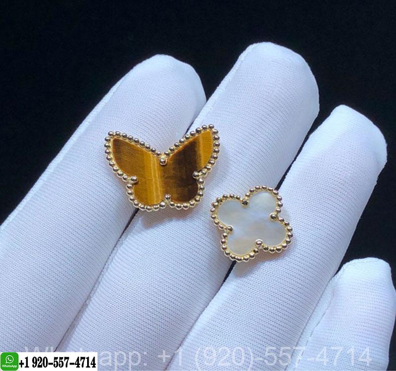 VCA Lucky Alhambra 18k Yellow Gold Tiger Eye Mother of Pearl Butterfly Between the Finger Ring VCARN05800