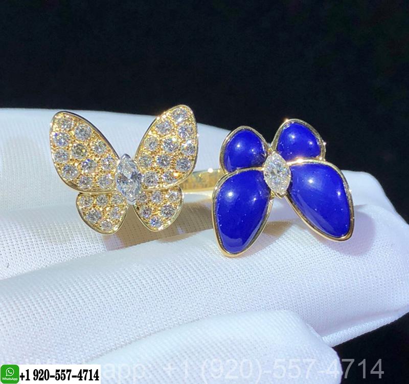 Van Cleef 18K Gold Diamond & Lapis Lazuli Two Butterfly Between the Finger Ring VCARP3DN00
