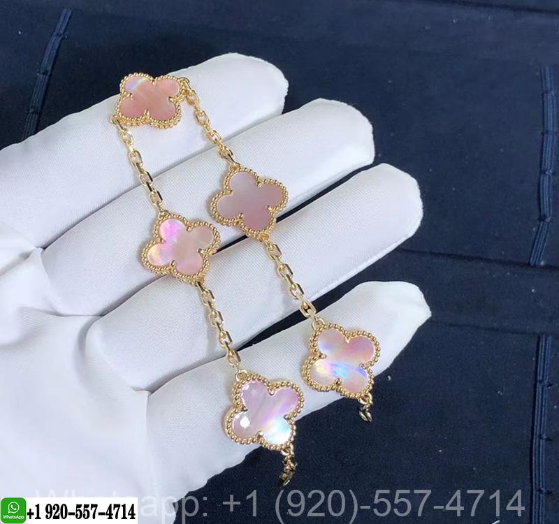 Van Cleef & Arpels Pink Mother of Pearl Vintage Alhambra 5 Motif 18k Yellow Gold Bracelet