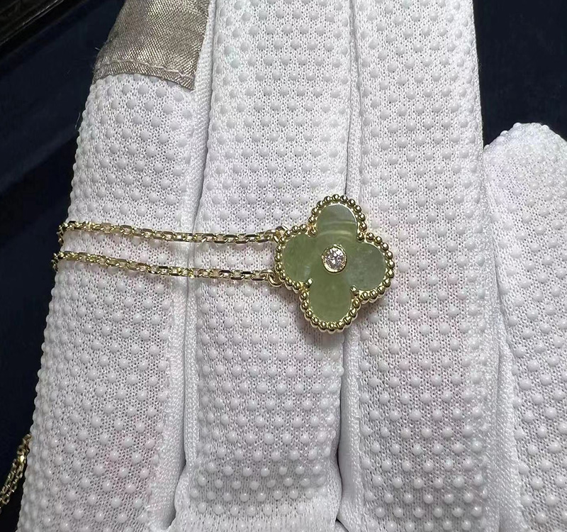 Custom VCA Vintage Alhambra 18k Yellow Gold Jade & Diamond Pendant Necklace
