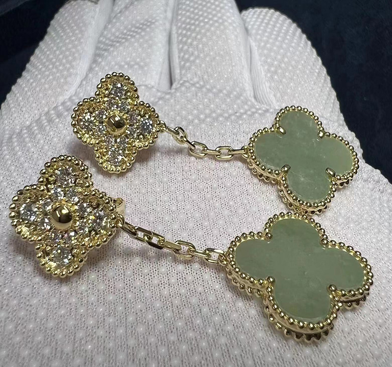 Custom Van Cleef Magic Alhambra 18k Yellow Gold 2 Motif Jade & Diamond Earrings