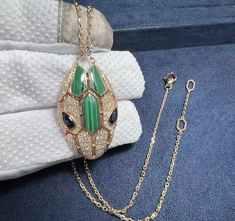 Bvlgari Serpenti 18k Rose Gold Blue Sapphire, Malachite and Diamond Pave Pendant Necklace